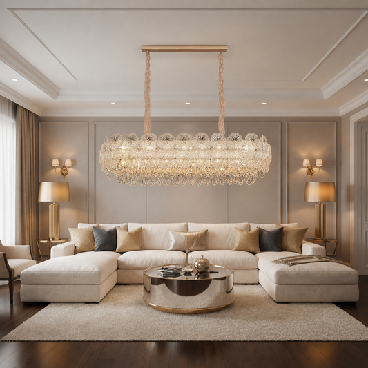 Lampadario in Cristallo CROWN Supremo 11xE14, Misura 80x30 cm, Altezza 33 cm, Oro Lucido, Altezza Regolabile, Design Elegante Lampadario in Cristallo Titolo predefinito Alessandro Design