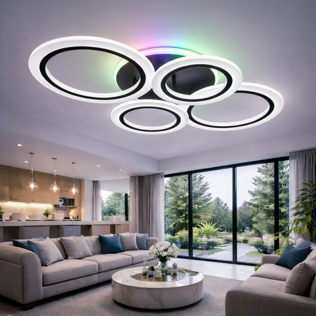 Lampadario LED con telecomando BETTY 41W, 4 Cerchi, Luce Fredda/Calda/Neutra/RGB, Dimmerabile, Nero Lampadari LED con Telecomando Titolo predefinito Alessandro Design