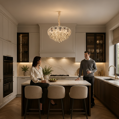 Lampadario in Cristallo DONNO Eleganza, 9xE14, Altezza Regolabile, Metallo e Cristallo, Oro