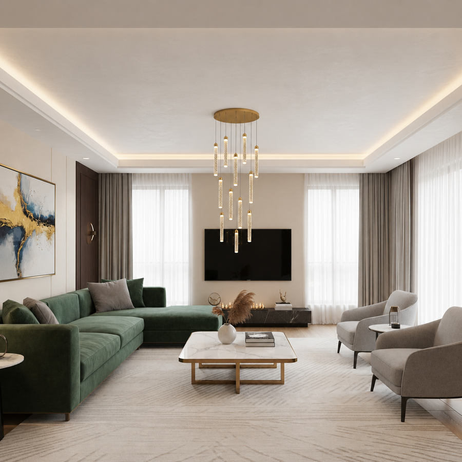 LAGOM Lampadario LED in Cristallo con Telecomando, Sospensione, 12 Sorgenti, 36W, Diametro 40cm, Luce Calda/Neutra/Fredda, Altezza Regolabile, Oro, Metallo e Cristallo