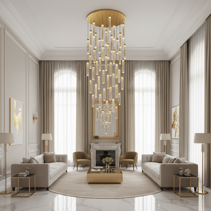 LAGOM Lampadario LED in Cristallo con Telecomando, Sospensione, 51 Sorgenti, 153W, Luce Calda/Neutra/Fredda, Diametro 100cm, Altezza Regolabile, Oro, Metallo e Cristallo