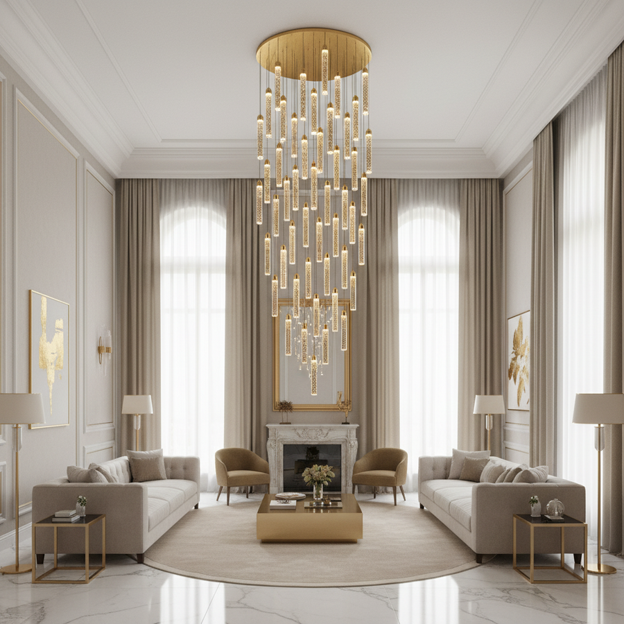 LAGOM Lampadario LED in Cristallo con Telecomando, Sospensione, 51 Sorgenti, 153W, Luce Calda/Neutra/Fredda, Diametro 100cm, Altezza Regolabile, Oro, Metallo e Cristallo