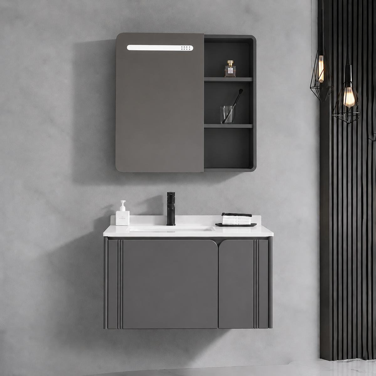 Set mobili da bagno ORIA, mobiletto per lavabo+mobiletto a specchio 60 cm, 2 pezzi, mobili da bagno grigio e bianco Titolo predefinito Alessandro Design