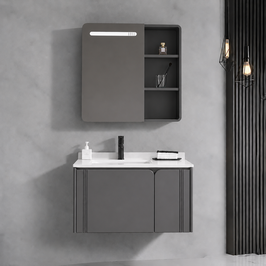 Set mobili da bagno ORIA, mobiletto per lavabo+mobiletto a specchio 60 cm, 2 pezzi, mobili da bagno grigio e bianco Titolo predefinito Alessandro Design