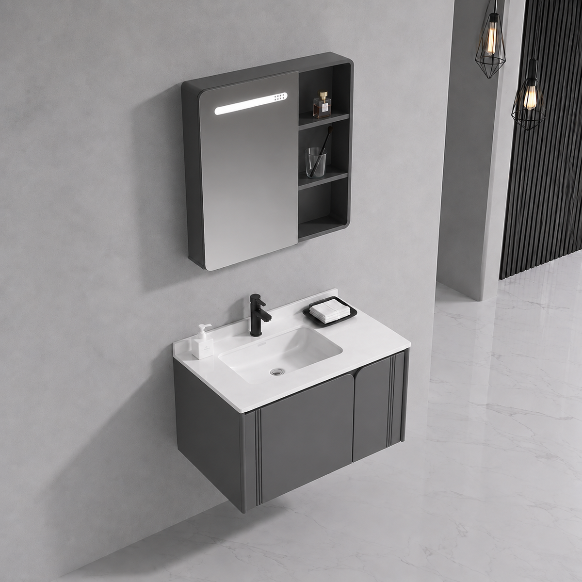 Set mobili da bagno ORIA, mobiletto per lavabo+mobiletto a specchio 60 cm, 2 pezzi, mobili da bagno grigio e bianco Titolo predefinito Alessandro Design