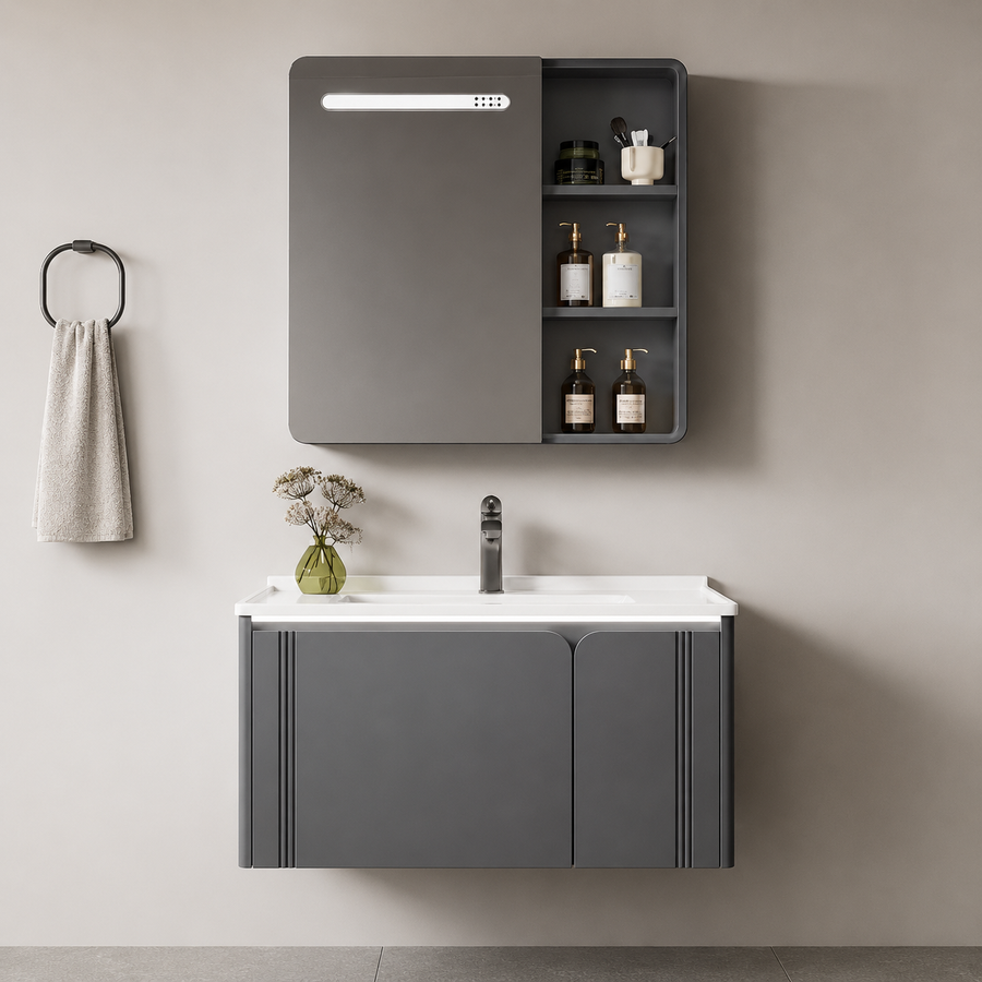 Set mobili da bagno ORIA, mobiletto per lavabo+mobiletto a specchio 60 cm, 2 pezzi, mobili da bagno grigio e bianco Titolo predefinito Alessandro Design
