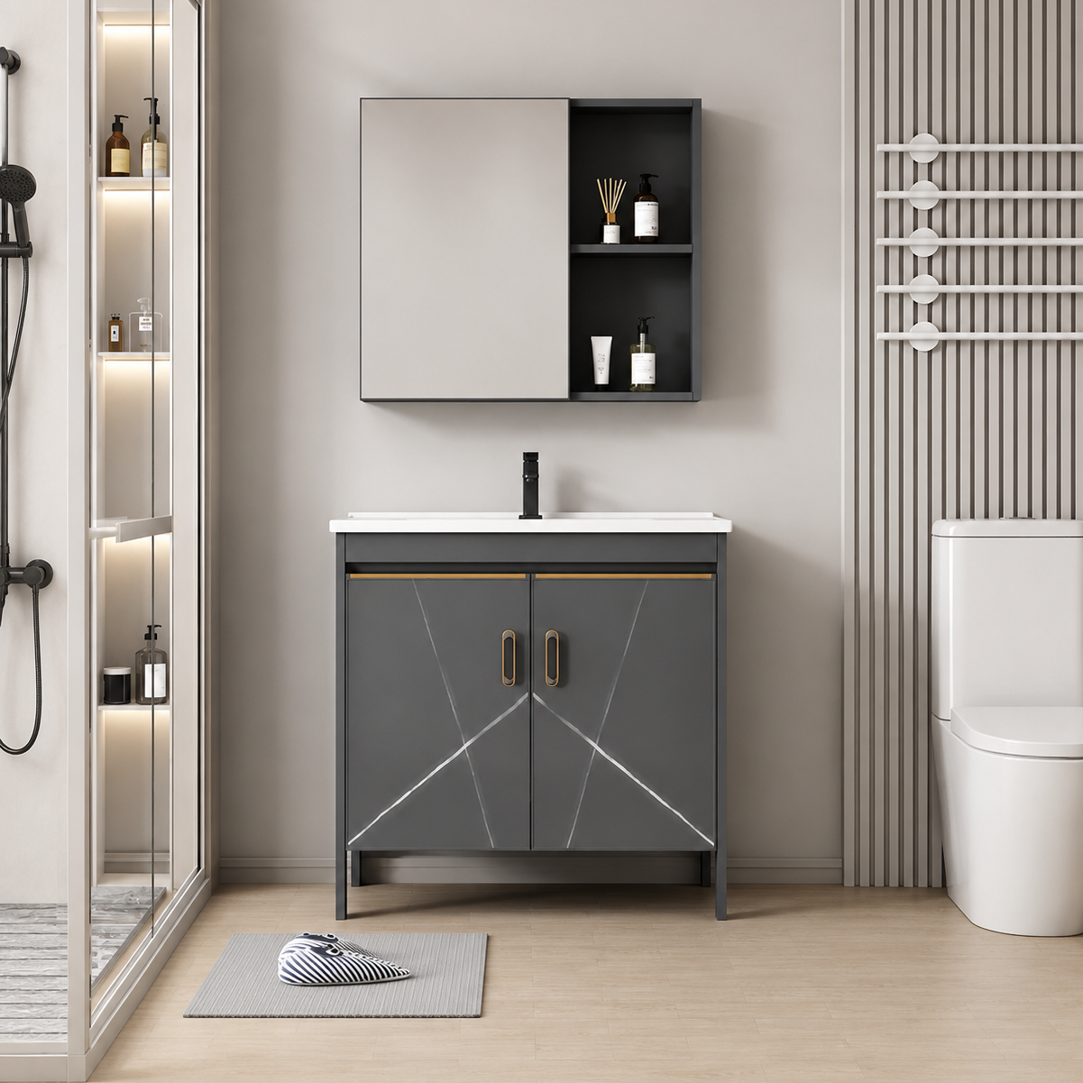 SIENA Set Mobili da Bagno, Mobile Lavabo+Armadio a Specchio 60 cm, 2 Pezzi, Mobili da Bagno Grigio e Bianco Titolo predefinito Alessandro Design