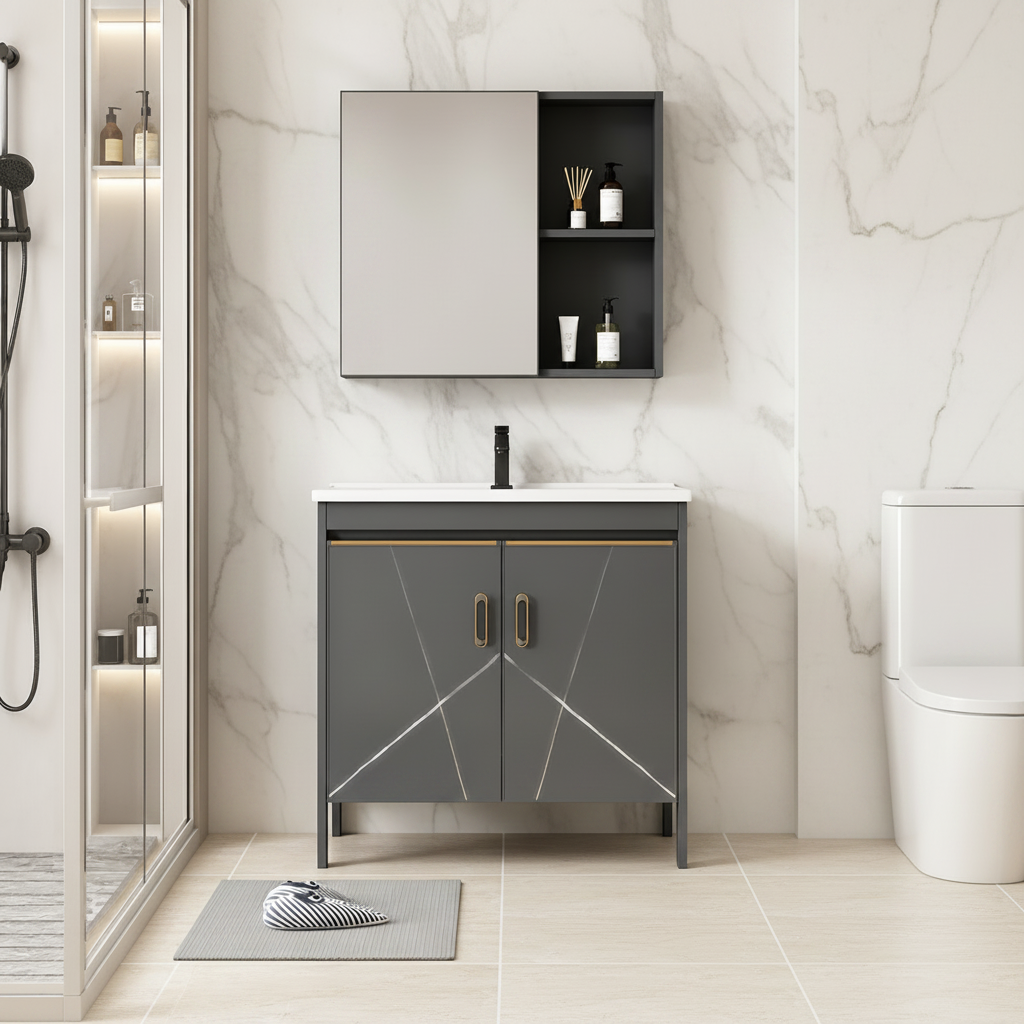 SIENA Set Mobili da Bagno, Mobile Lavabo+Armadio a Specchio 60 cm, 2 Pezzi, Mobili da Bagno Grigio e Bianco Titolo predefinito Alessandro Design