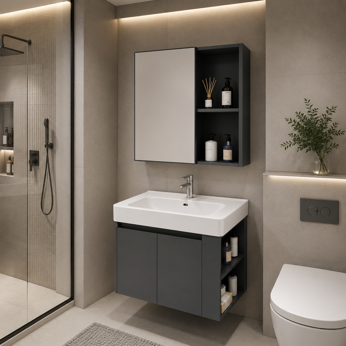 Set mobili da bagno EVOQ, larghezza 70 cm, 2 pezzi, mobili da bagno grigio e bianco Titolo predefinito Alessandro Design