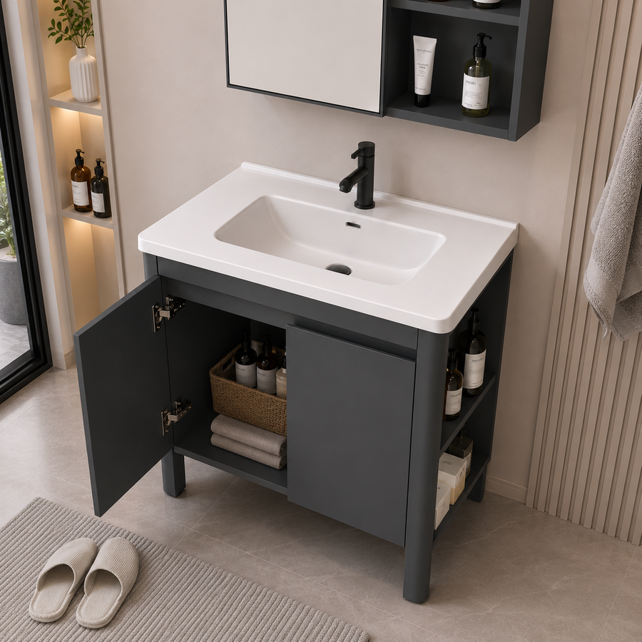 VION Set Mobili da Bagno, Mobile Lavabo+Armadietto a Specchio 60 cm, 2 Pezzi, Mobili Bagno Grigio e Bianco Titolo predefinito Alessandro Design