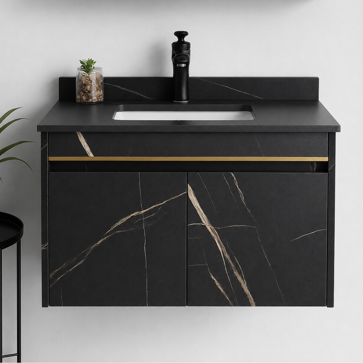 Set Mobili Bagno MARBLE, Mobile Lavabo+Armadietto Specchio 60 cm, 2 Pezzi, Mobili Bagno Nero Titolo predefinito Alessandro Design