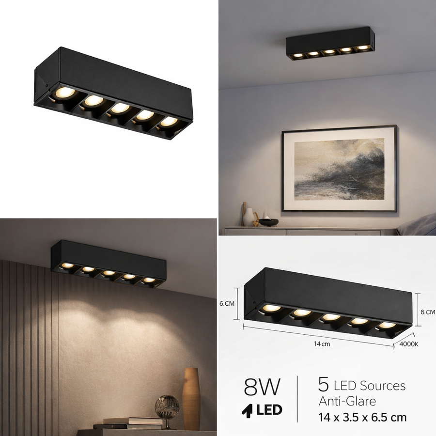 Proiettore Lineare LED Griglia Applicata 8W, Luce Neutra 4000K, 5 sorgenti, Plafoniere LED 14 x 3,5 x 6,5 cm Titolo predefinito Alessandro Design