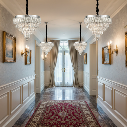 RIGO Cristal Lampadario LED con telecomando Petito Diametro 30cm, Cromo Lucido, Altezza Regolabile, Metallo e Cristallo