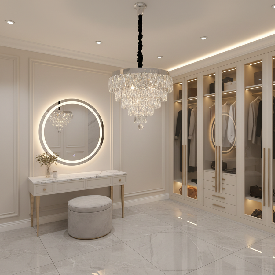 RIGO Cristal Lampadario LED con telecomando Petito Diametro 30cm, Cromo Lucido, Altezza Regolabile, Metallo e Cristallo