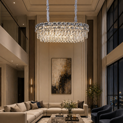 Lampadario in cristallo LUCENT Regalis 28xE14, 85x35 cm, Oro, Altezza regolabile, Metallo e cristallo