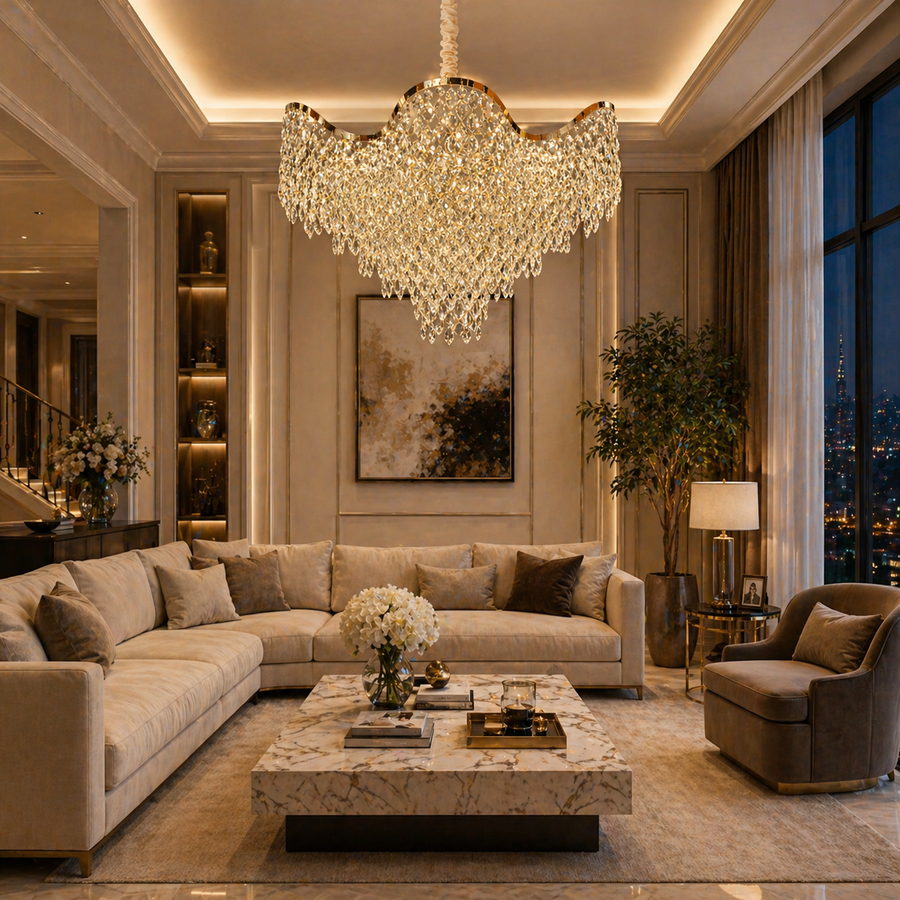 Candelabro in cristallo VELOURA Supremo 28xE14, D100 cm, Oro, Altezza regolabile, Candelabro in cristallo e metallo Titolo predefinito Alessandro Design