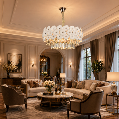 Lampadario in Cristallo PETAL Eleganza 9xE14, D50 cm, Oro, Altezza Regolabile, Metallo e Cristallo Lampadari in Cristallo Titolo predefinito Alessandro Design