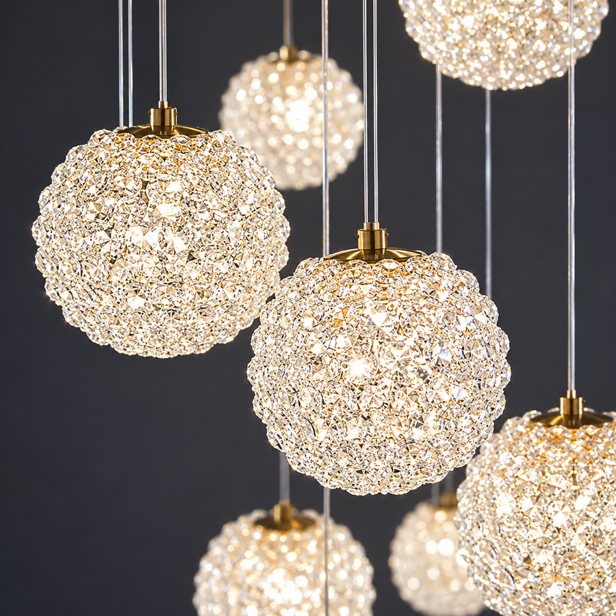 Lampadario in cristallo MILLE, 18xG9, diametro 60 cm x altezza 340 cm, cristallo e metallo, oro