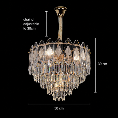 Lampadario Cristallo VELVET Eleganza, 9xE14, D50 cm, Oro, Altezza Regolabile, Metallo e Cristallo