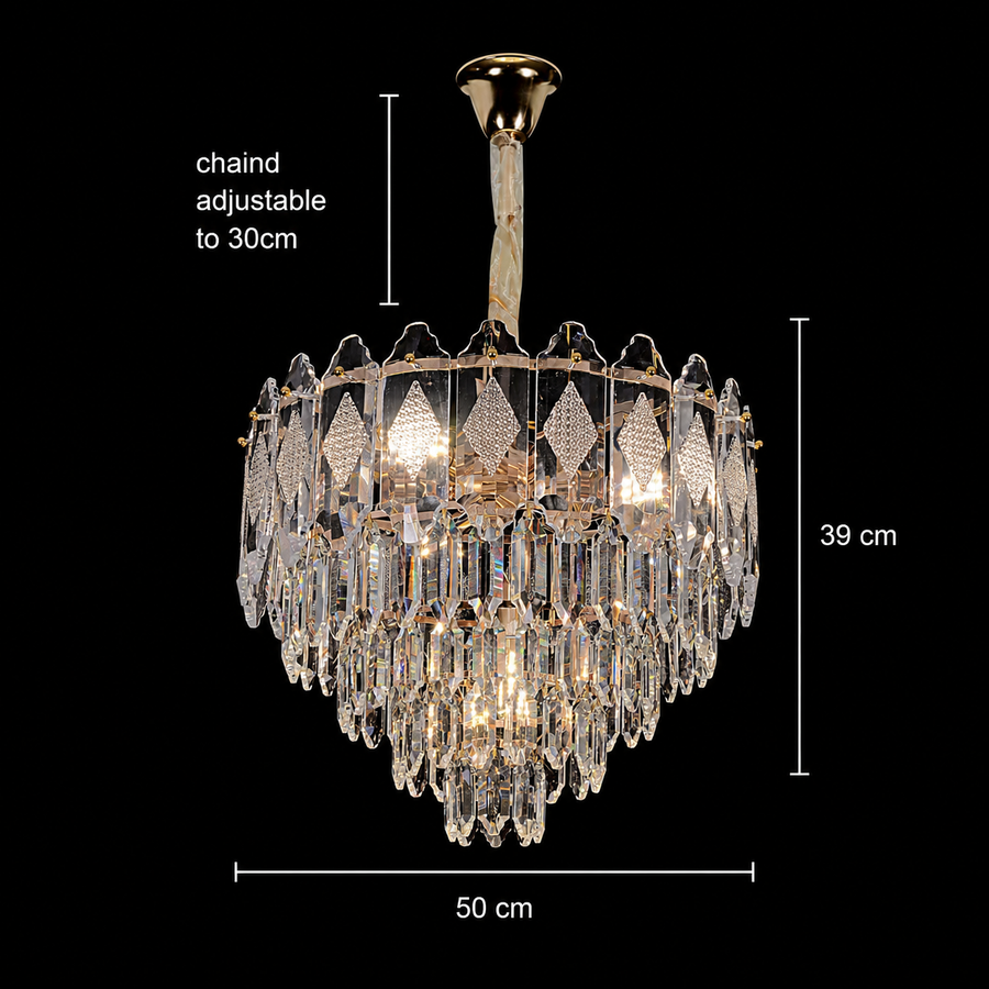 Lampadario Cristallo VELVET Eleganza, 9xE14, D50 cm, Oro, Altezza Regolabile, Metallo e Cristallo