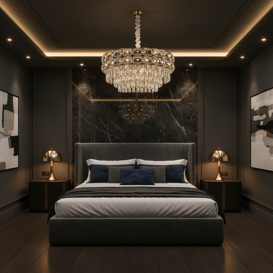 Candelabru Cristal LUCENT Nobile 4xE14, D40 cm, Auriu, Inaltime Reglabila, Metal si Cristal