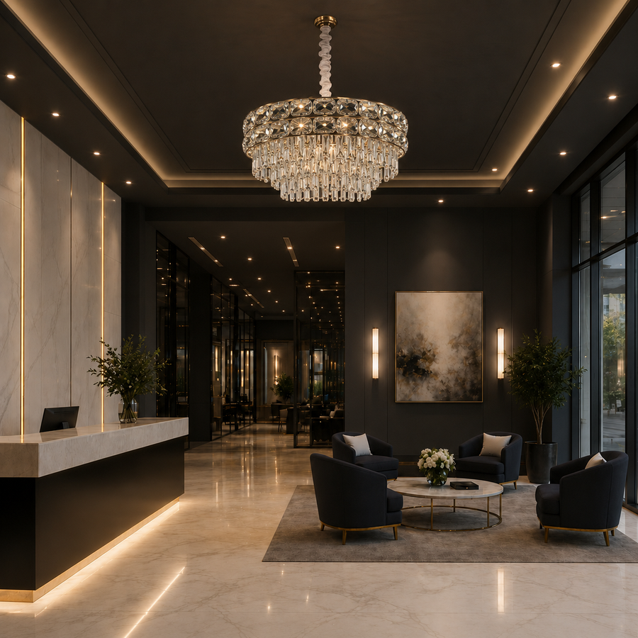 Lampadario in cristallo LUCENT Eleganza 9xE14, D50 cm, Oro, Altezza regolabile, Metallo e cristallo