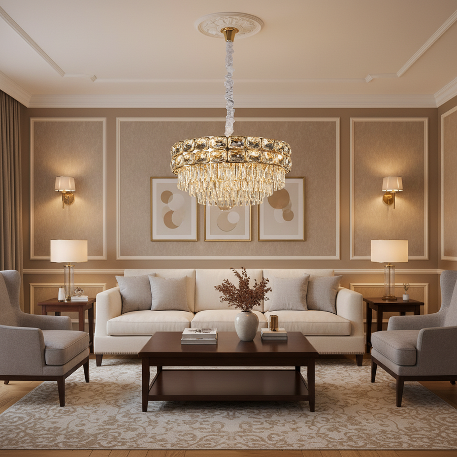 Lampadario in cristallo LUCENT Eleganza 9xE14, D50 cm, Oro, Altezza regolabile, Metallo e cristallo