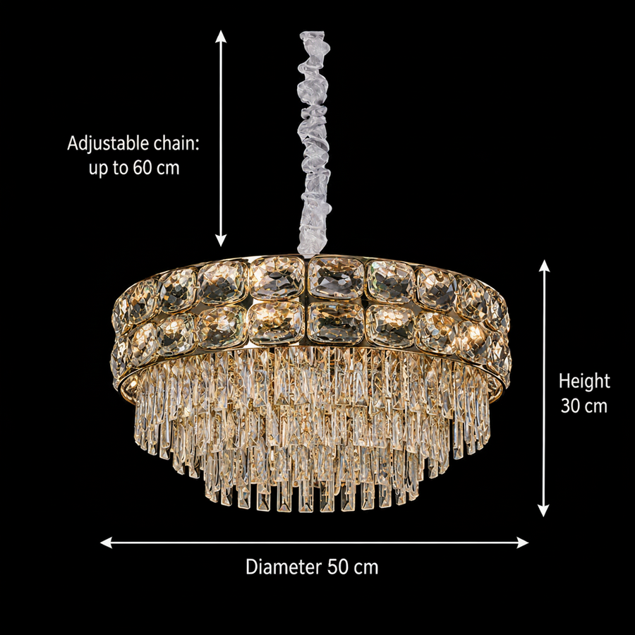 Lampadario in cristallo LUCENT Eleganza 9xE14, D50 cm, Oro, Altezza regolabile, Metallo e cristallo