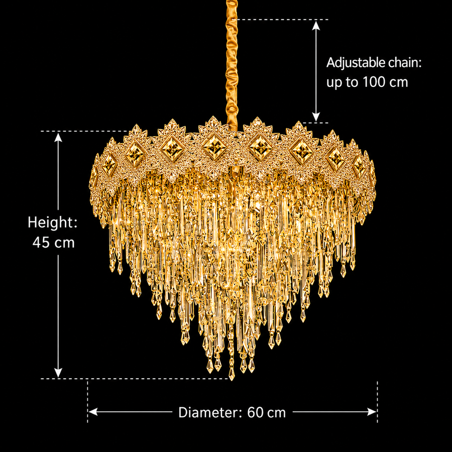 Lampadario Cristallo FLEUR Magno 12xE14, Diametro 60cm, Altezza 45cm, Oro Lucido, Altezza Regolabile, Design Elegante