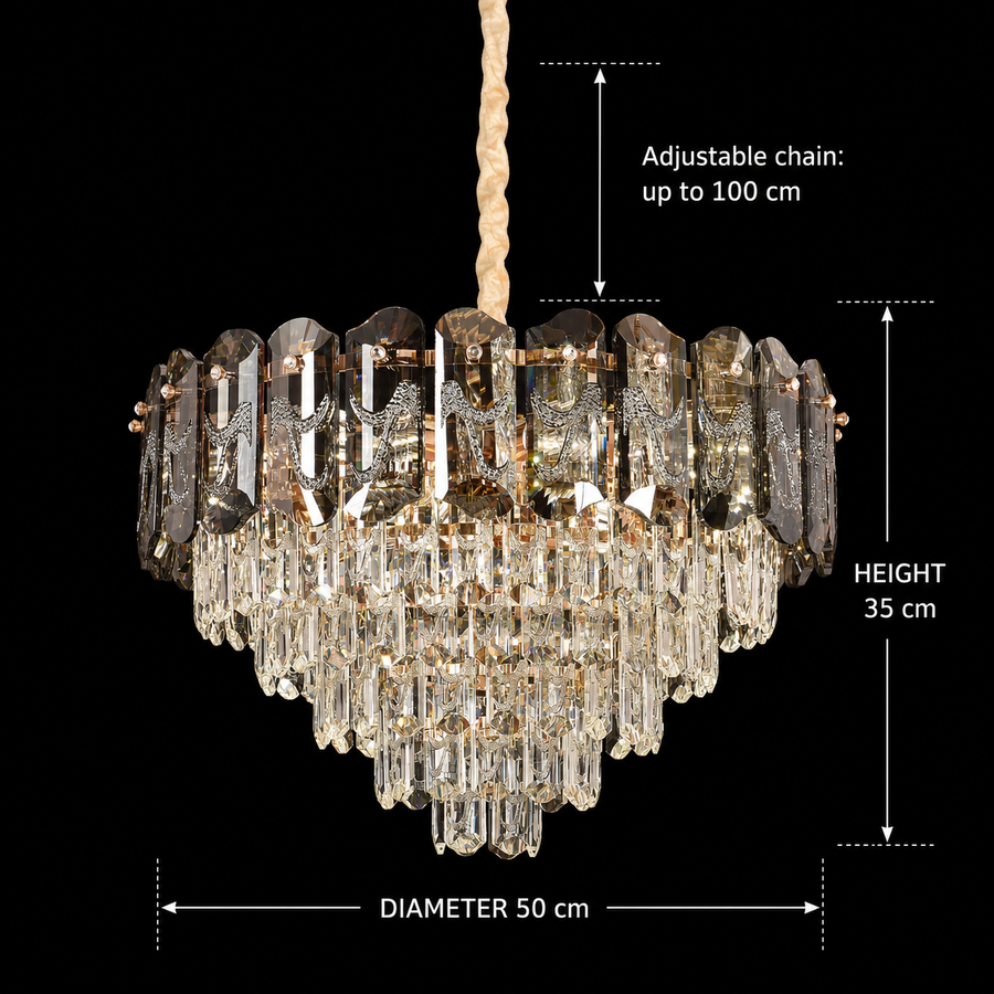Lampadario Cristallo AURUM Eleganza 9xE14, Diametro 50cm, Altezza 35cm, Oro Lucido, Altezza Regolabile, Design Elegante