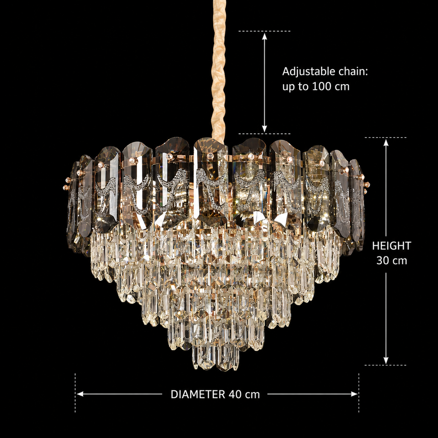 Lampadario Cristallo AURUM Nobile 9xE14, Diametro 40cm, Altezza 30cm, Oro Lucido, Altezza Regolabile, Design Elegante