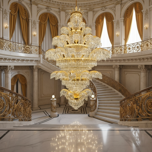 Lampadario in Cristallo PALACE Grande, 52 Bracci, 96xG9, Diametro 150cm, Altezza 230cm, Oro Lucido, Altezza Regolabile, Design Elegante Lampadari in Cristallo Titolo predefinito Alessandro Design