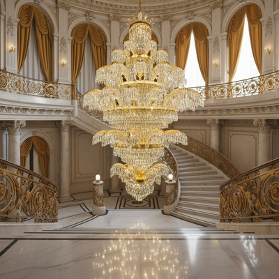 Candelabru Cristal PALACE Grande, 52 de brate, 96xG9, Diametru 150cm, Inaltime 230cm, Auriu Lucios, Inaltime Reglabila, Design Elegant