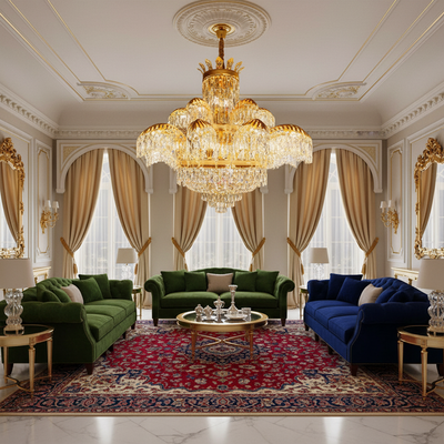 Candelabru Cristal PALACE Supremo 29xG9, D115cm, Auriu Lucios, Inaltime Reglabila, Metal si Cristal