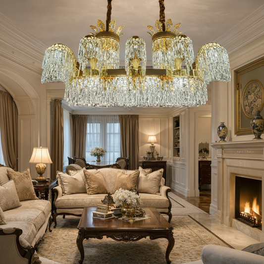 Candelabro PALACE Grande Cristal, 12 bracci, 20xG9, 120 cm, Oro Lucido, Altezza Regolabile, Candelabro Cristal in Metallo e Cristallo Titolo predefinito Alessandro Design