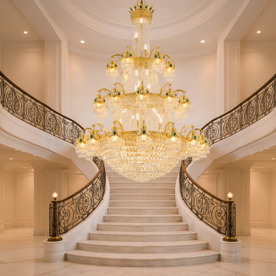 Lampadario in Cristallo, 61xE14, Diametro 150cm, Altezza 200cm, Oro Lucido, Altezza Regolabile, Design Elegante
