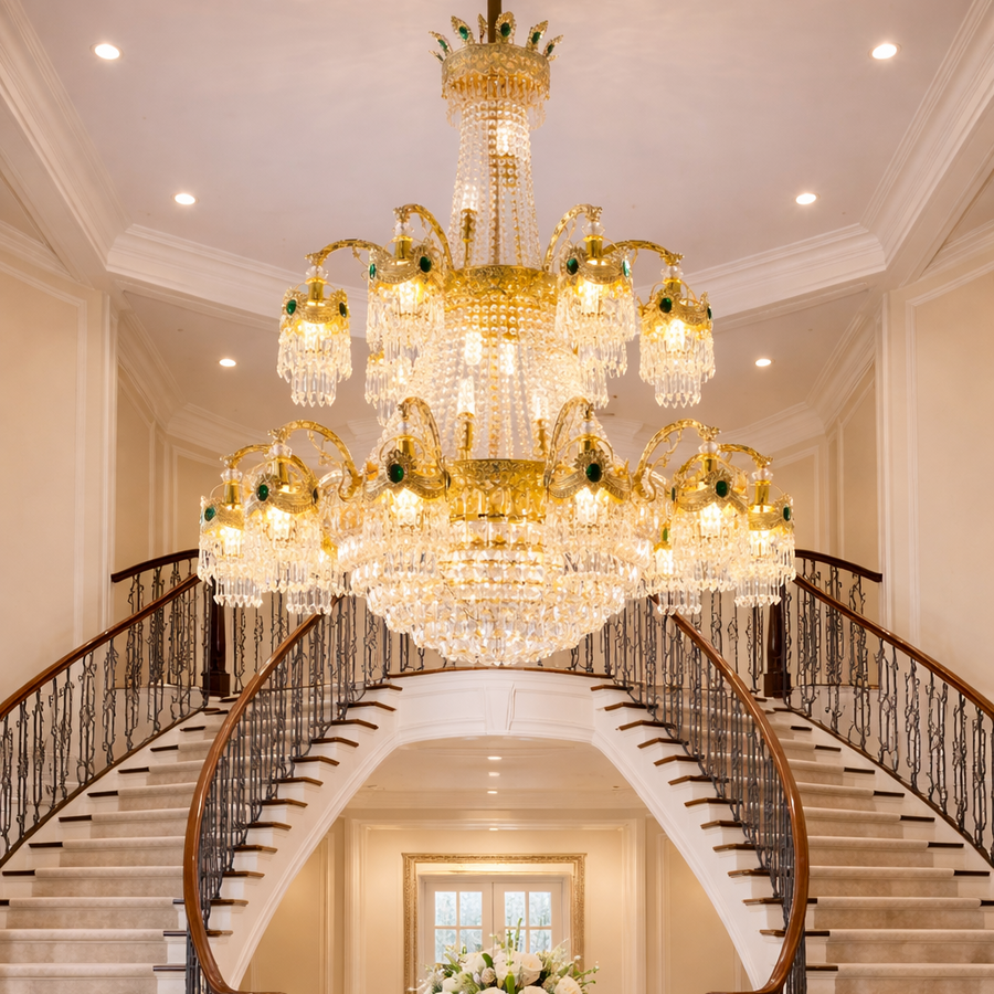 Lampadario in Cristallo, 31xE14, Diametro 115cm, Altezza 130cm, Oro Lucido, Altezza Regolabile, Design Elegante Lampadario in Cristallo Titolo predefinito Alessandro Design