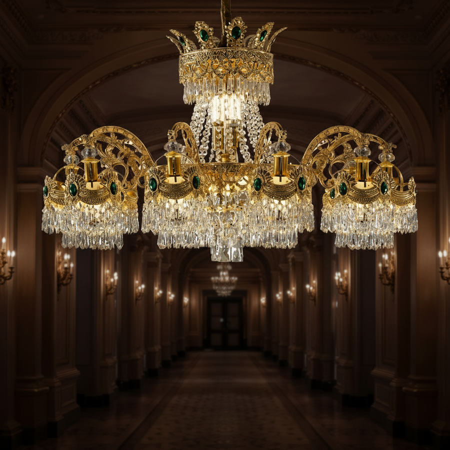 Lampadario in cristallo 16xE14, D92cm, Oro lucido, Altezza regolabile, Metallo e cristallo Lampadari in cristallo Titolo predefinito Alessandro Design