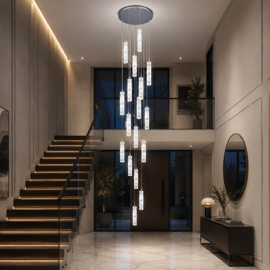 Lampadario LED in Cristallo AMIRI 82W Cromo, Luce Calda/Neutra/Fredda 3000K/4000K/6000K Amiri, Diametro 40cm x Altezza 300cm, Cristallo e Metallo