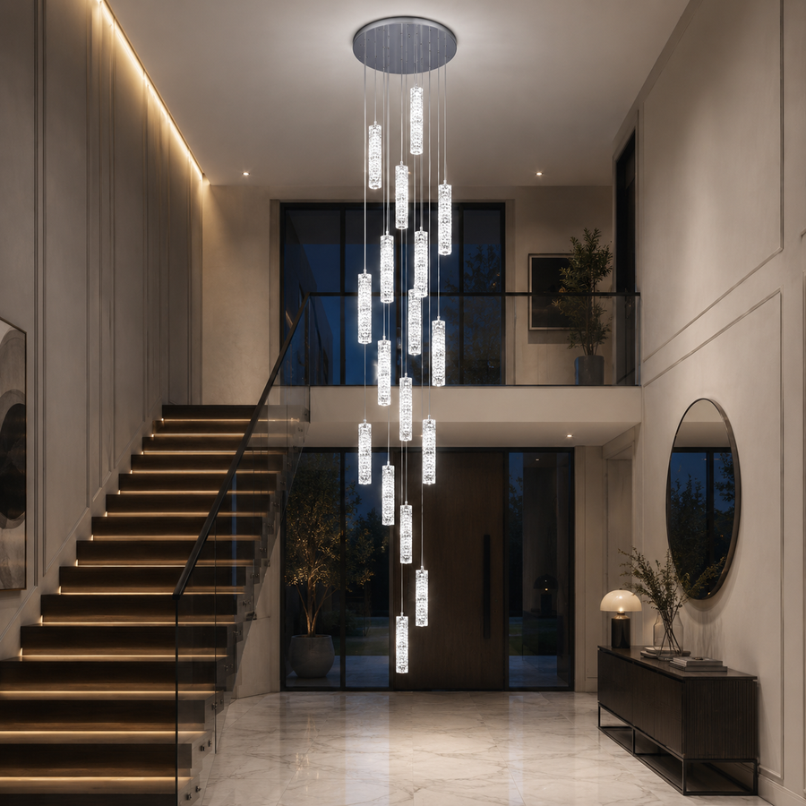 Lampadario LED in Cristallo AMIRI 82W Cromo, Luce Calda/Neutra/Fredda 3000K/4000K/6000K Amiri, Diametro 40cm x Altezza 300cm, Cristallo e Metallo