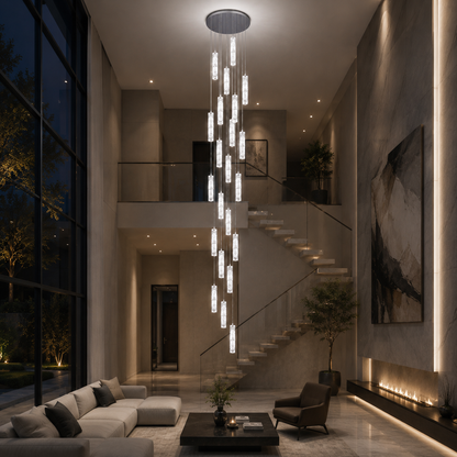 Lampadario LED in Cristallo AMIRI 82W Cromo, Luce Calda/Neutra/Fredda 3000K/4000K/6000K Amiri, Diametro 40cm x Altezza 300cm, Cristallo e Metallo