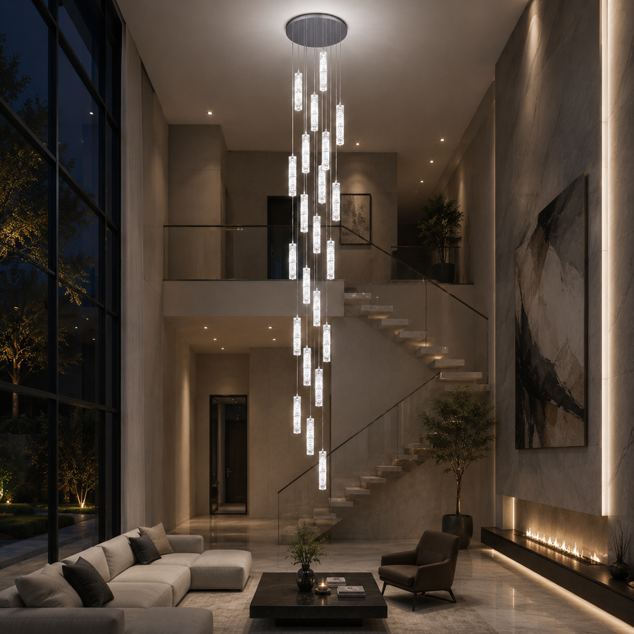 Lampadario LED in Cristallo AMIRI 82W Cromo, Luce Calda/Neutra/Fredda 3000K/4000K/6000K Amiri, Diametro 40cm x Altezza 300cm, Cristallo e Metallo