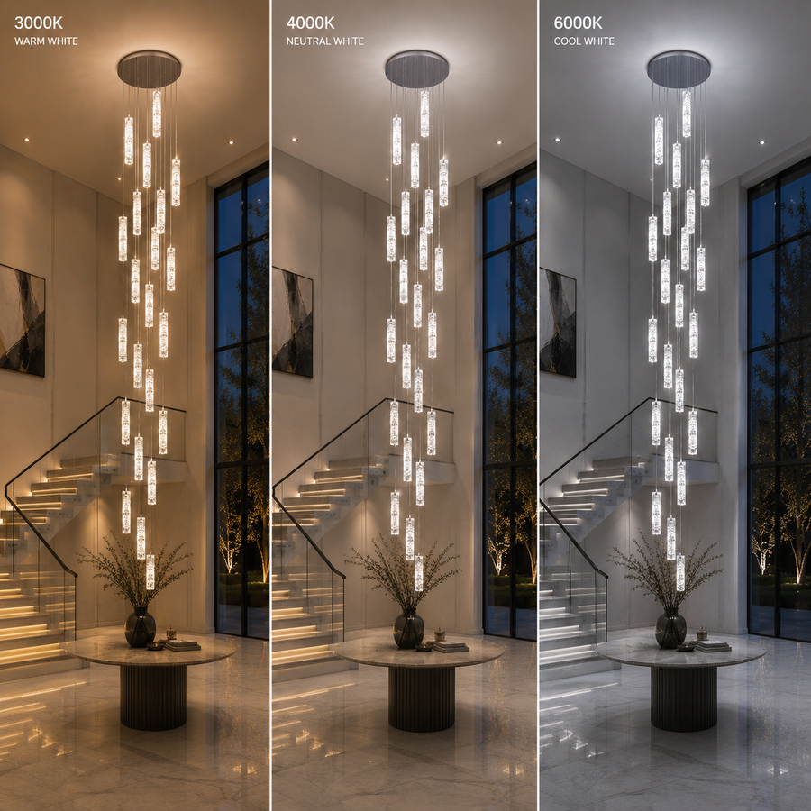 Lampadario LED in Cristallo AMIRI 82W Cromo, Luce Calda/Neutra/Fredda 3000K/4000K/6000K Amiri, Diametro 40cm x Altezza 300cm, Cristallo e Metallo