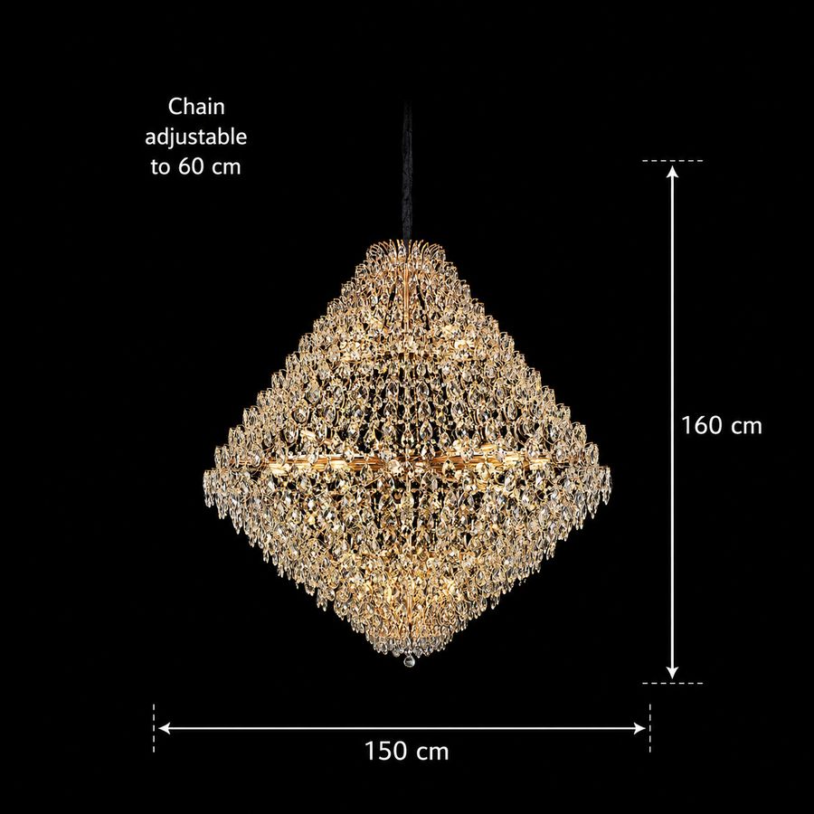 KONIG Grande Supremo Lampadario in cristallo, 54xE14, D150 cm, Oro, Altezza regolabile, Metallo e cristallo