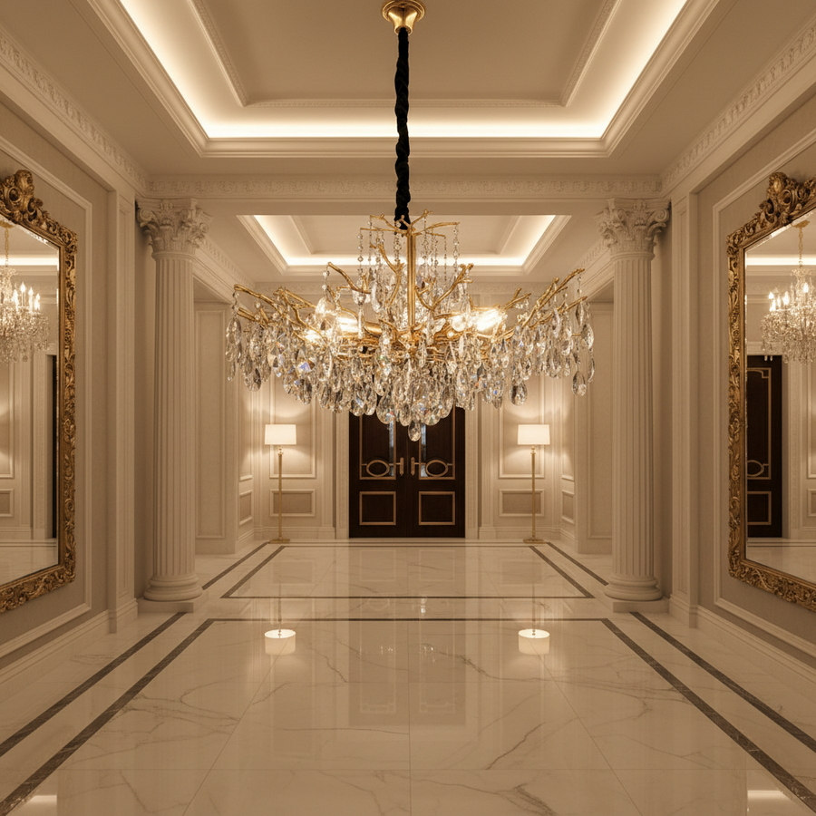Lampadario in cristallo REINA Regalis, 8xE14, D80cm, oro, metallo e cristallo