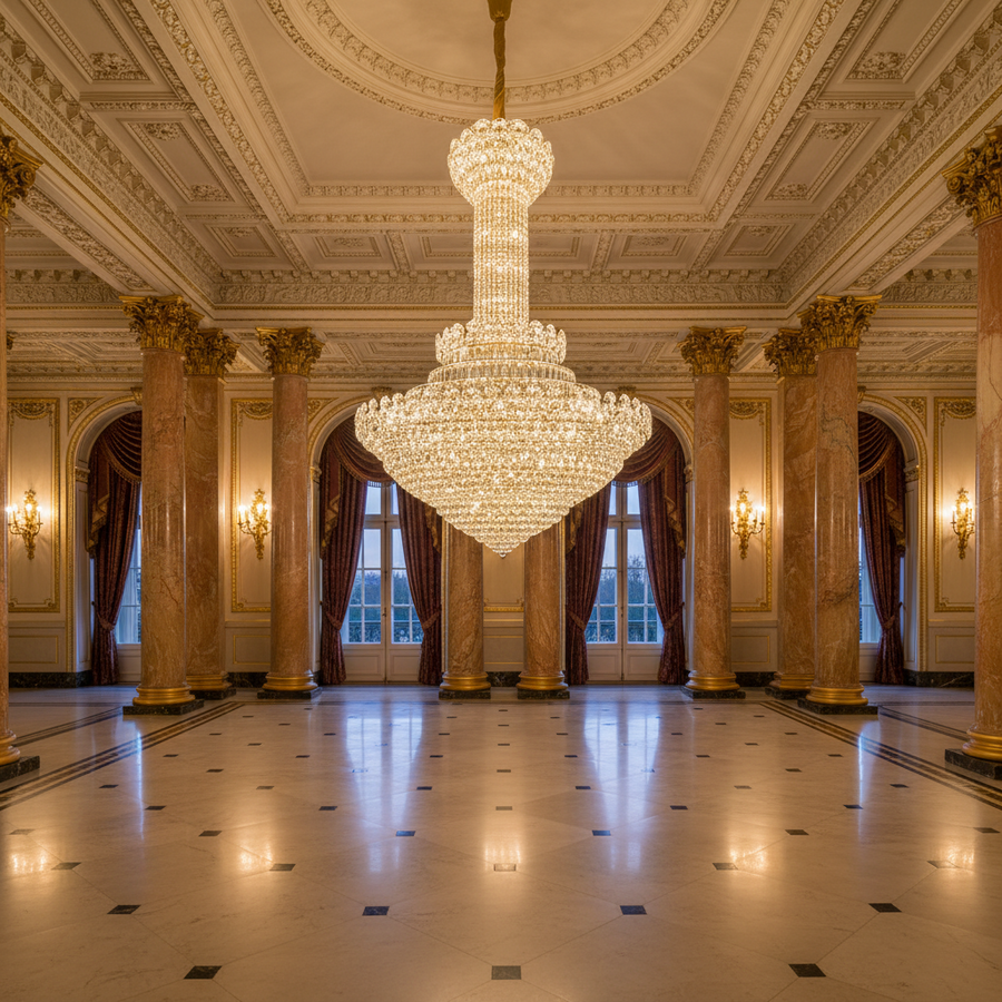 Lampadario in Cristallo PALAIS Grande 65xE14, Diametro 150cm, Altezza 240cm, Oro Lucido, Altezza Regolabile, Design Elegante Lampadario in Cristallo Titolo predefinito Alessandro Design