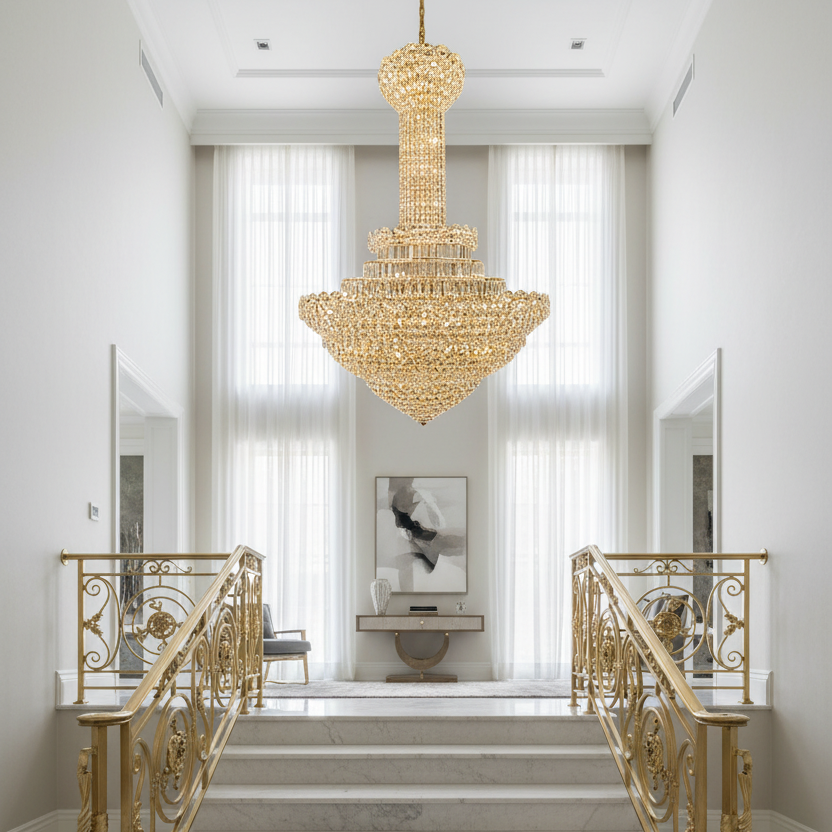 Lampadario in Cristallo PALAIS Grande 65xE14, Diametro 150cm, Altezza 240cm, Oro Lucido, Altezza Regolabile, Design Elegante Lampadario in Cristallo Titolo predefinito Alessandro Design