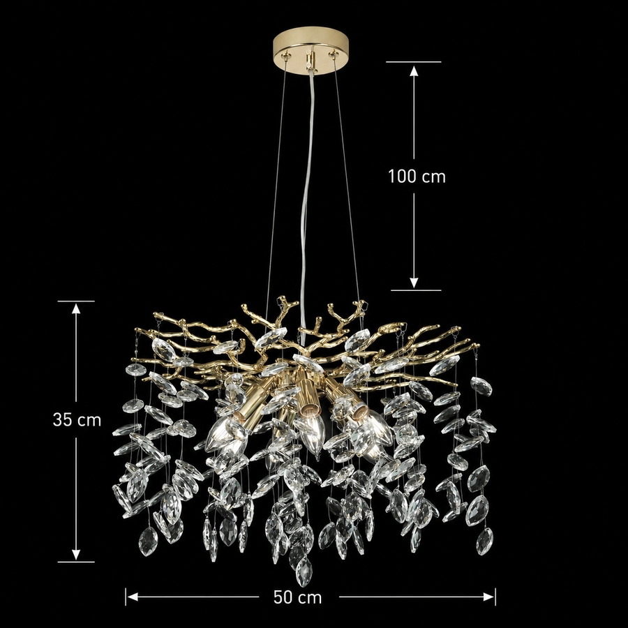 Lampadario di cristallo LEAF Elegance, Φ50cm, 6xE14, oro, metallo e cristallo