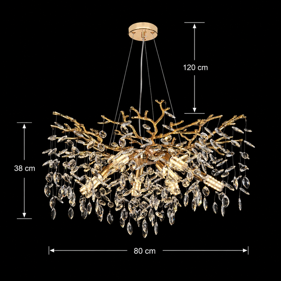 Lampadario di cristallo LEAF Regalis, Φ80cm, 10xE14, oro, metallo e cristallo