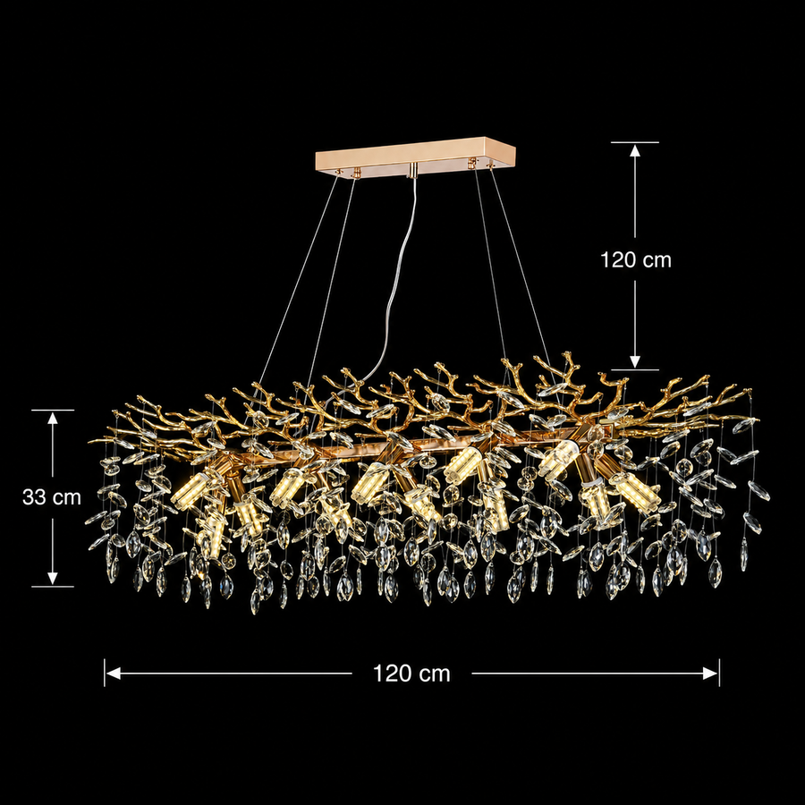 Lampadario in cristallo LEAF Supremo, 120x40cm, 12xE14, oro, metallo e cristallo